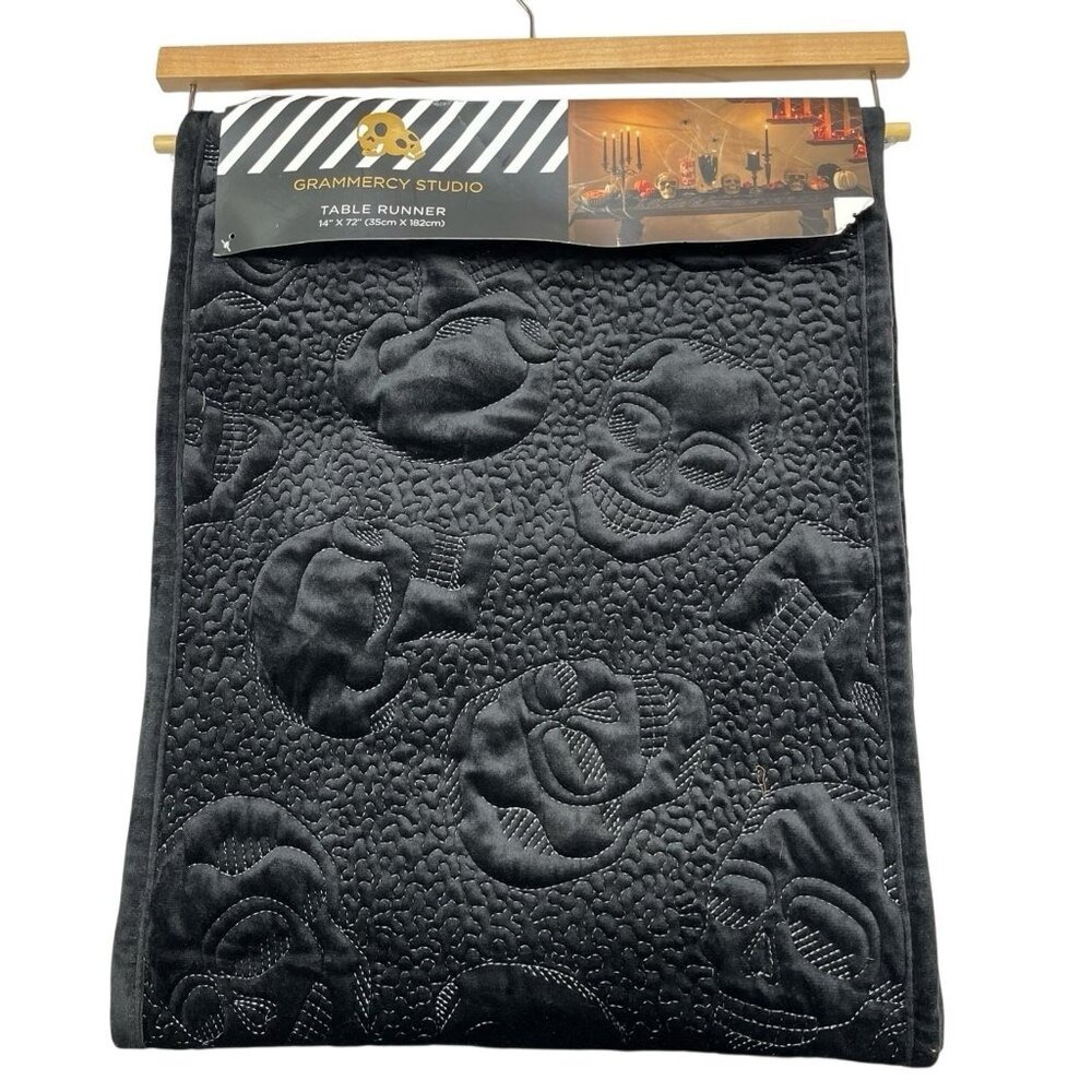 Grammercy Studio Black Velvet Quilted Skull Table Runner 14x72 Gothic Halloween